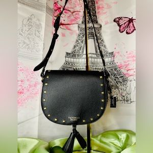 NWT VICTORIA SECRET BLACK ADJUSTABLE SADDLE CROSSBODY STUDDED w/ TASSELS